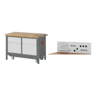 Set STIER Werkbank Premium mit abs. Fahrgestell, 2 Schubladen und 2...