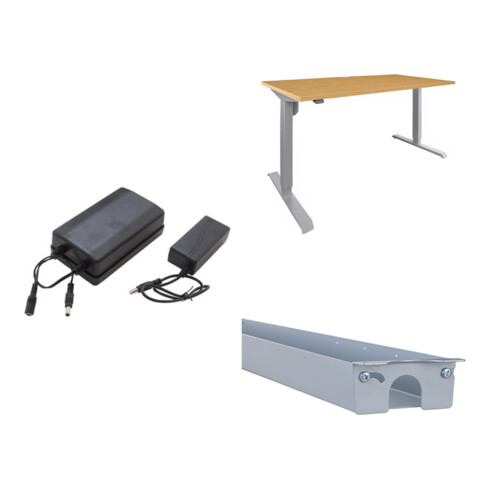 Set STIER Akku-Set 24V 1,7Ah f r Elektrisch H henverstellbaren Tisch + Elektrisch H henverstellbarer Schreibtisch 501-33 160x80cm, Buche mel., 68-118cm + Universal-Kabelkanal f r elektrisch h henverstellbare Tische