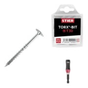 Set STIER Tellerkopfschraube 6x200 Stahl galvanisch verzinkt TX 30 + Universalhalter KraftSpezial mit Ringmagnet und Haltefunktion + TORX®-Bit-Großpackung T30