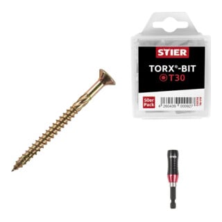 Set Stier Senkkopf-Spanplattenschraube 6x60 + Universalhalter KraftSpezial + TORX®-Bit-Großpackung T30