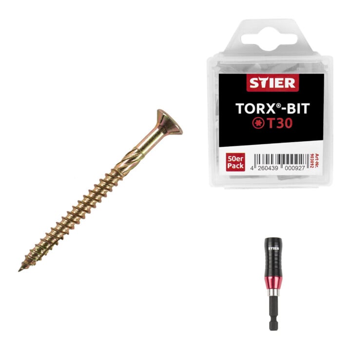 Set Stier Senkkopf-Spanplattenschraube 6x60 + Universalhalter KraftSpezial + TORX®-Bit-Großpackung T30