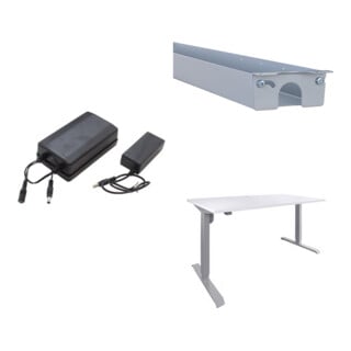 Set STIER Akku-Set 24V 1,7Ah f r Elektrisch H henverstellbaren Tisch + Elektrisch H henverstellbarer Schreibtisch 501-33 100x80cm, Wei  mel., 68-118cm + Universal-Kabelkanal f r elektrisch h henverstellbare Tische