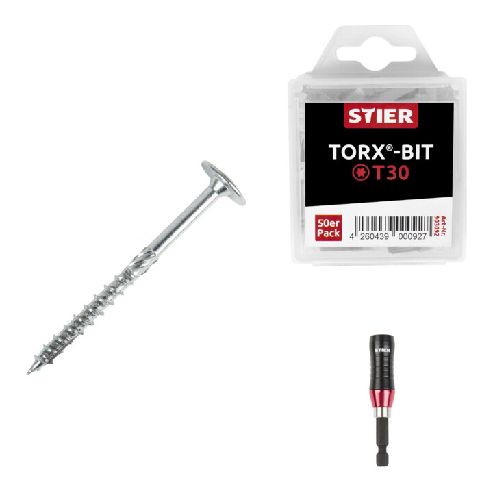 Set STIER Tellerkopfschraube 6x180 Stahl galvanisch verzinkt TX 30 + Universalhalter KraftSpezial mit Ringmagnet und Haltefunktion + TORX®-Bit-Großpackung T30