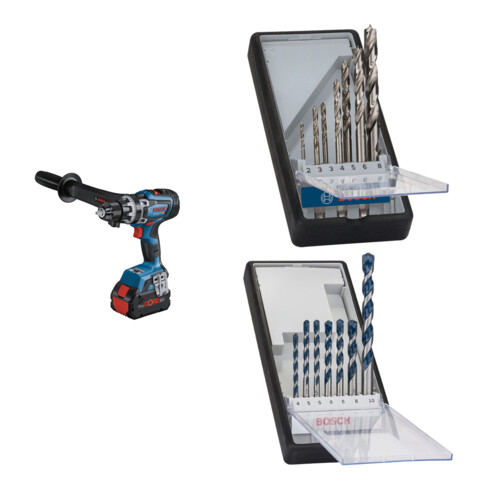 Set Bosch Akku-Bohrschrauber GSR 18V-150 C + 7tlg. Robust Line Holzspiralbohrer-Set + 7tlg. Robust Line Betonbohrer-Set