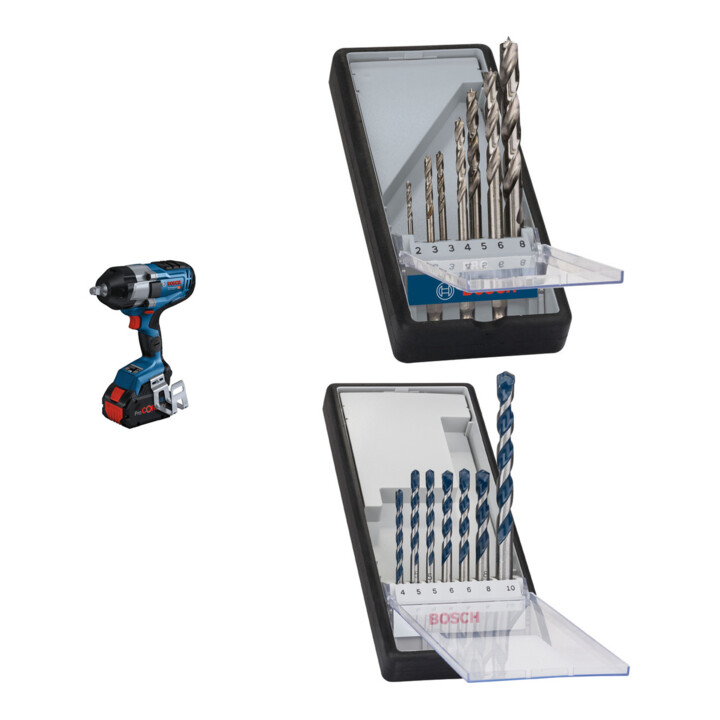 Set Bosch Akku-Drehschlagschrauber GDS 18V-1000 C + 7tlg. Robust Line Holzspiralbohrer-Set + 7tlg. Robust Line Betonbohrer-Set