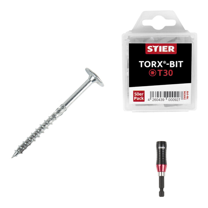 Set STIER Tellerkopfschraube 6x260 Stahl galvanisch verzinkt TX 30 + Universalhalter KraftSpezial mit Ringmagnet und Haltefunktion + TORX®-Bit-Großpackung T30