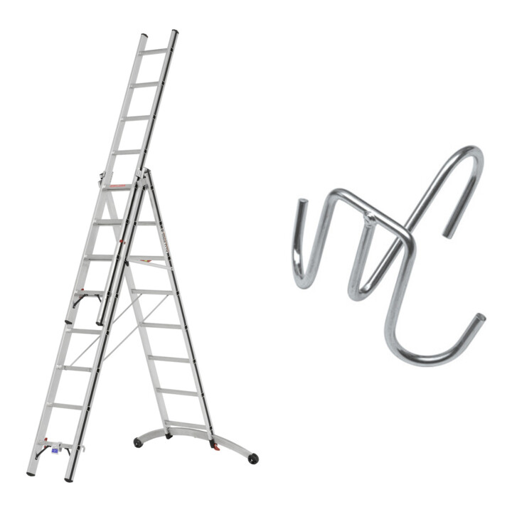 Hymer Alu-Pro, Mehrzweckleiter, dreiteilig mit Smart-Base®, 3x8 Sprossen inkl GRATIS Eimerhaken