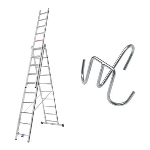 Hymer Alu-Pro, Mehrzweckleiter dreiteilig, 3x10 Sprossen inkl GRATIS Eimerhaken