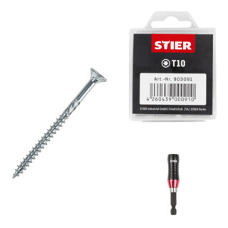 Set STIER Senkkopf-Spanplattenschraube 3x40 + Universalhalter KraftSpezial + TORX®-Bit-Großpackung T10