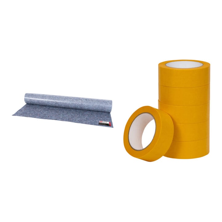 Set Stier Toile de protection pour peinture, largeur 1 m x longueur 25 m, poids 200 g/m², gris + STIER Ruban adhésif Goldband, longueur 50 m largeur 38 mm