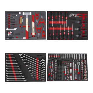 Set STIER Universal-Werkzeugsatz 18-teilig in Weichschaumeinlage (EVA) + Schraubendreher & Zangensatz 17-teilig in Weichschaumeinlage (EVA) + Steckschl ssel-Satz 1/4'' 3/8'' 1/2'' 179-teilig in Weichschaumeinlage (EVA) + Ringmaul- & Doppelringschl selsatz