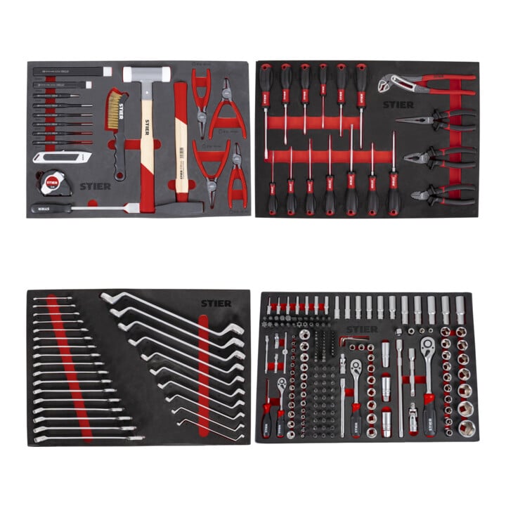 Set STIER Universal-Werkzeugsatz 18-teilig in Weichschaumeinlage (EVA) + Schraubendreher & Zangensatz 17-teilig in Weichschaumeinlage (EVA) + Steckschl ssel-Satz 1/4'' 3/8'' 1/2'' 179-teilig in Weichschaumeinlage (EVA) + Ringmaul- & Doppelringschl selsatz