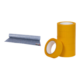Set STIER Malervlies, Breite 1m x Länge 25m, Gewicht 260 g/m², grau + STIER Goldband, Länge 50m Breite 38mm
