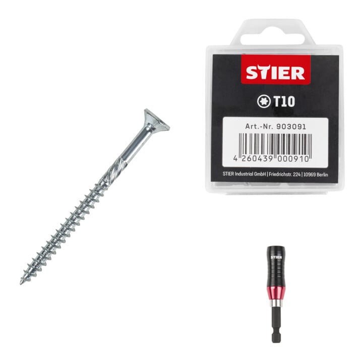 Set STIER Senkkopf-Spanplattenschraube 3x30 + Universalhalter KraftSpezial + TORX®-Bit-Großpackung T10
