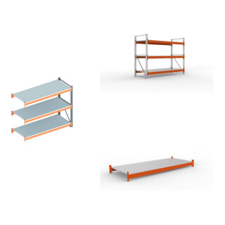 Set Schwerlastregal AF H2200xL2700xT1100 mm + Schwerlastregal GF H2200xL2700xT1100 mm + Fachboden Stahlpaneel 2700x1100 mm