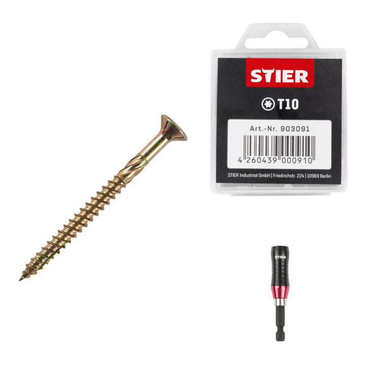 Set Stier Senkkopf-Spanplattenschraube 3x40 + Universalhalter KraftSpezial + TORX®-Bit-Großpackung T10