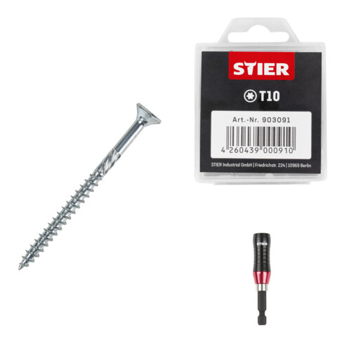 Set STIER Senkkopf-Spanplattenschraube 3x20 + Universalhalter KraftSpezial + TORX®-Bit-Großpackung T10