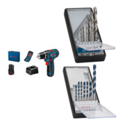 Set Bosch Akku-Bohrschrauber GSR 12V-15 + 7tlg. Robust Line Holzspiralbohrer-Set + 7tlg. Robust Line Betonbohrer-Set