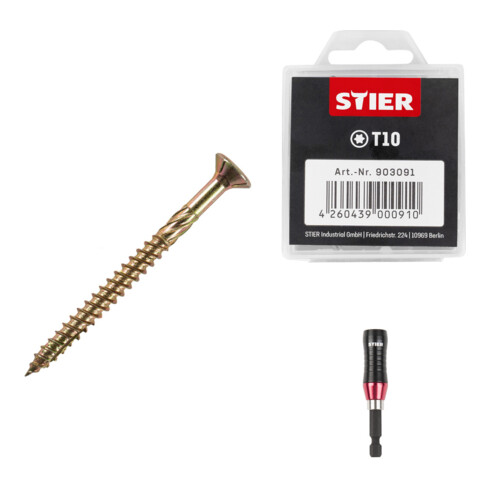 Set Stier Senkkopf-Spanplattenschraube 3x35 Stahl galv. verzinkt gelb TX 10 + Universalhalter KraftSpezial mit Ringmagnet + TORX®-Bit-Großpackung T10