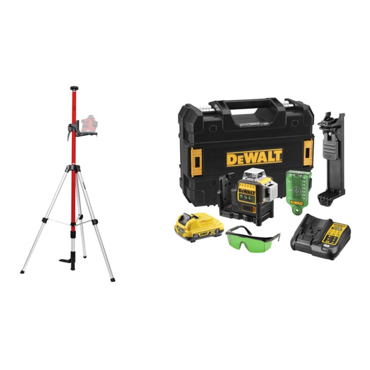 Set STIER Teleskopstange für Kreuzlinienlaser 360 cm + DeWalt Multilinienlaser 3x360°, gruen,10,8V/2Ah - DCE089D1G-QW