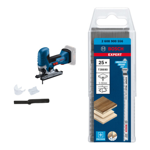 Set Bosch Akku-Stichsäge GST 18V-125 S + EXPERT ‘Wood 2-side clean’ T 308 BO Stichsägeblatt