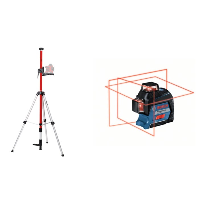 Set STIER Teleskopstange für Kreuzlinienlaser 360 cm + Bosch Linienlaser GLL 3-80 mit 4 x 1,5 V-LR6-Batterie