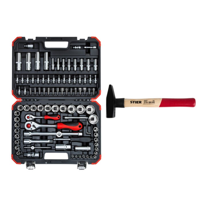Set Gedore Red Jeu de clés à cliquet 1/4+1/2 94 pièces + STIER Marteau de serrurier Robust+
