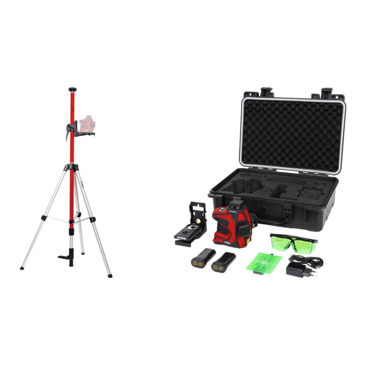 Set STIER Teleskopstange für Kreuzlinienlaser 360 cm + STIER Kreuzlinienlaser SKL 3x360°, 520nm, grün, 1/4" und 5/8" Gewinde im Koffer