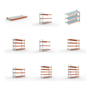 Set Fachboden Stahlpaneel 2700x1100 mm + Schwerlastregal AF H2200xL2700xT1100 mm + Schwerlastregal AF H2700xL2700xT1100 mm + Schwerlastregal AF H3300xL2700xT1100 mm + Schwerlastregal GF H2200xL2700xT1100 mm + Schwerlastregal GF H2700xL2700xT1100 mm + Schw