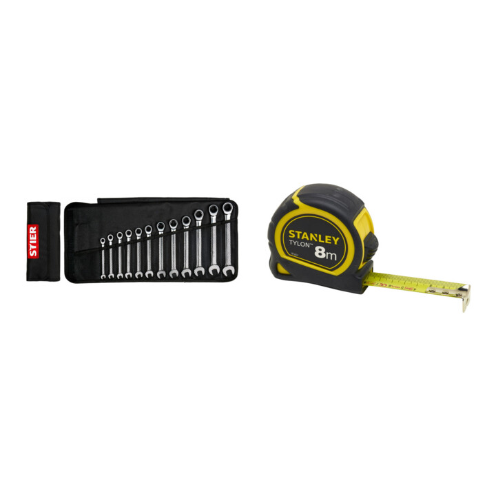 Stier Maul-Ringratschenschlüssel-Satz SW 8 - 19 mm 12-teilig + Taschenrollbandmaß Tylon™ L.8m B.25mm mm/cm EG II Ku.Doppelendh.SB STANLEY