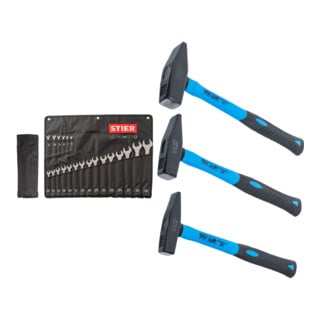 Set STIER Ringmaulschlüssel-Satz SW 6 - 32 mm 21-teilig + BGS Schlosserhammer-Satz Fiberglasstiel DIN 1041 300 / 500 / 800 g 3-tlg.