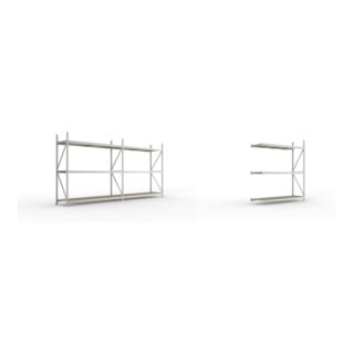 Set MINI-RACK Regal 2200 x 3758 x 650 vzk kpl. mit 6 Spanplatteneinlegeb0 mm ( 2 Felder ) + Weitspann-Anbauregal MINI-RACK mit 3 Lagerebenen, 2200x1800x650 mm (HxBxT), Spanplattenb0 mm, vzk