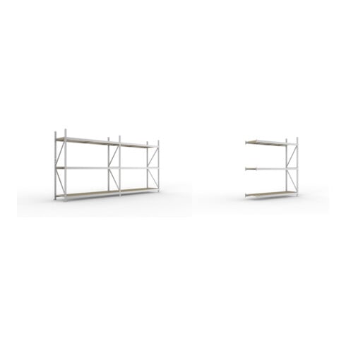 Set MINI-RACK Regal 2200 x 3758 x 650 vzk kpl. mit 6 Spanplatteneinlegeb0 mm ( 2 Felder ) + Weitspann-Anbauregal MINI-RACK mit 3 Lagerebenen, 2200x1800x650 mm (HxBxT), Spanplattenb0 mm, vzk