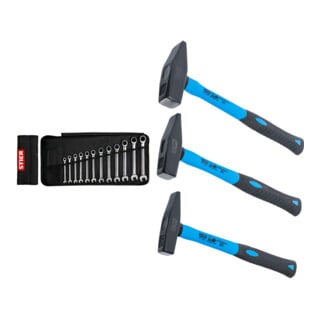 Set Stier Maul-Ringratschenschlüssel-Satz SW 8 - 19 mm 12-teilig + BGS Schlosserhammer-Satz Fiberglasstiel DIN 1041 300 / 500 / 800 g 3-tlg.