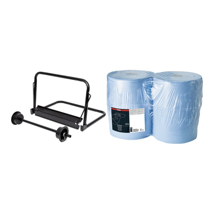 Set STIER Putzpapier-Rollen Wandhalter LxH 440x300mm + Putzpapier blau, 3-lagig, 1.000 Blatt 38x36cm E-COLL