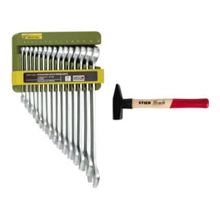 Proxxon Slim Line Ring-Maulschlüsselsatz, 15-tlg., 6 - 21 mm + STIER Schlosserhammer Robust+ 300g mit Stielschutz DIN 1041