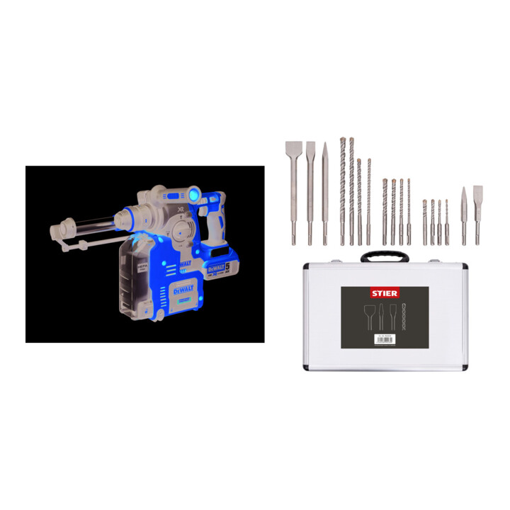 Set DeWalt Akku-Kombihammer mit Absaugung, 18,0 Volt - DCH275P2-QW + Stier SDS-Plus Bohrer & Meißelsatz, 17-teilig