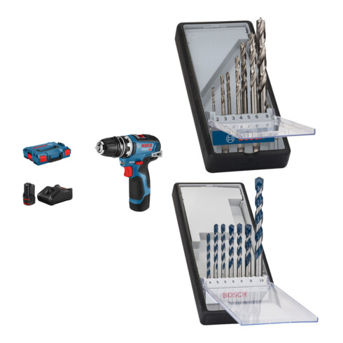 Set Bosch Akku-Bohrschrauber GSR 12V-35 FC + 7tlg. Robust Line Holzspiralbohrer-Set + 7tlg. Robust Line Betonbohrer-Set
