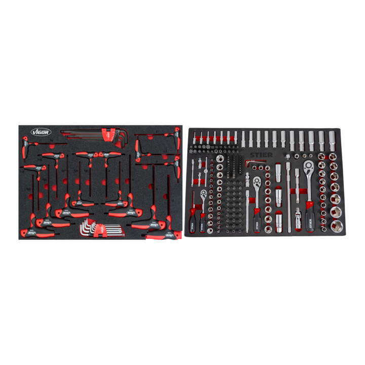 Set VIGOR Jeu de tournevis à poignée en T et tournevis coudés V5175 34 pièces + STIER Jeu de clés à douille 1/4'' 3/8'' 1/2'' 179 pièces en mousse souple (EVA)