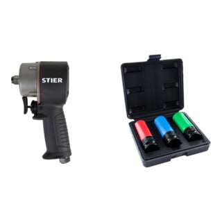 Set STIER Schlagschrauber 13-MBS 1/2'' Antrieb extrem kurz max. Lösenmoment 1.275 N + Stier Kraft-Steckschlüssel-Satz 1/2'' SW 17/19/21 mm im Kasten