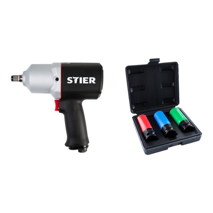 Set Stier Schlagschrauber 15-PC, 1/2'' Antrieb + Stier Kraft-Steckschlüssel-Satz 1/2'' SW 17/19/21 mm im Kasten