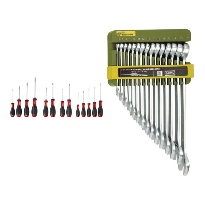 Set Stier Jeu de tournevis Big Pack 11 pièces + Proxxon Slim Line Jeu de clés mixte à anneau, 15 pièces, 6 - 21 mm