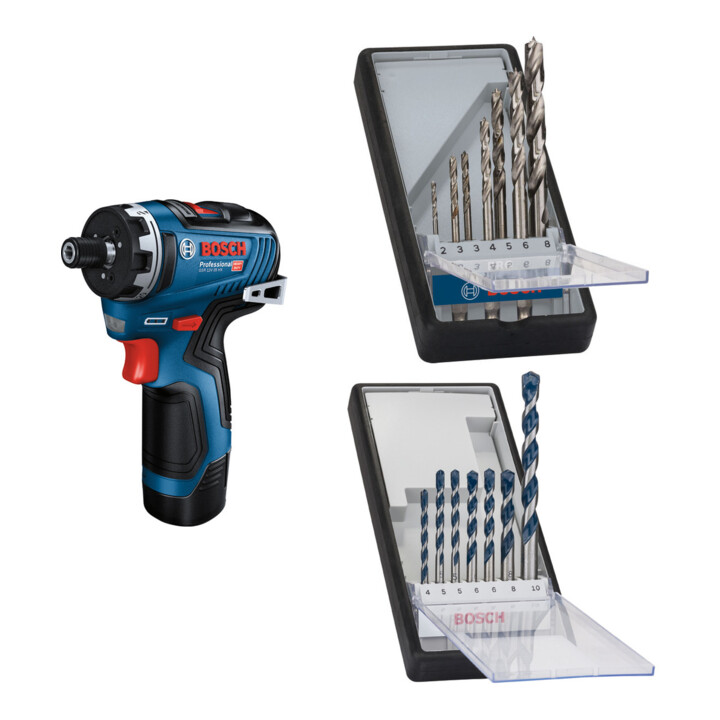 Set Bosch Akku-Schrauber GSR 12V-35 HX + 7tlg. Robust Line Holzspiralbohrer-Set + 7tlg. Robust Line Betonbohrer-Set