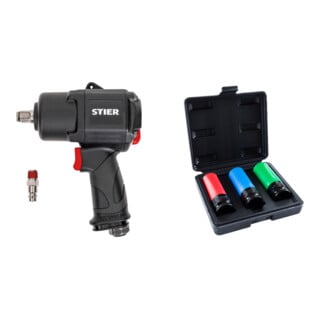 Set STIER Schlagschrauber 22-DH, 1/2" Antrieb max. Lösenmoment: 2.200 Nm + Stier Kraft-Steckschlüssel-Satz 1/2'' SW 17/19/21 mm im Kasten