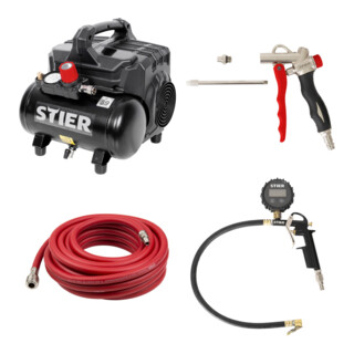 Set STIER Flüsterkompressor FKT 215-8-6 ölfrei + Ausblaspistole + Reifenfüll-Messgerät digital SRFD-12B + Druckluftschlauch SSDL-8/10