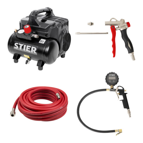 Set STIER Flüsterkompressor FKT 215-8-6 ölfrei + Ausblaspistole + Reifenfüll-Messgerät digital SRFD-12B + Druckluftschlauch SSDL-8/10