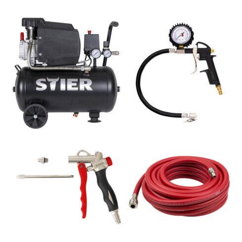 Set STIER Kompressor LKT 240-8-24 + Ausblaspistole mit Wechseldüse + Druckluftschlauch SSDL-8/10 + Reifenfüll-Messgerät SRF