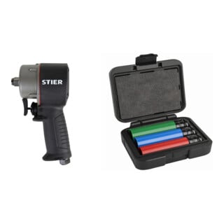 Set STIER Schlagschrauber 13-MBS 1/2'' Antrieb extrem kurz max. Lösenmoment 1.275 N + STIER Kraft-Steckschlüssel-Satz Profi+ extra lang 1/2'' SW 17/19/21 mm