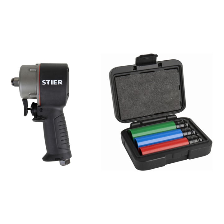 Set STIER Schlagschrauber 13-MBS 1/2'' Antrieb extrem kurz max. Lösenmoment 1.275 N + STIER Kraft-Steckschlüssel-Satz Profi+ extra lang 1/2'' SW 17/19/21 mm