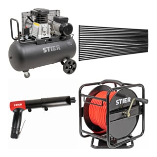 Set STIER Kompressor LKT 880-10-90 + Nadelentroster-Ersatznadeln 19 Stück + Schlauchtrommel Druckluft SBT-30 + Nadelentroster NE-30 Länge 340 mm